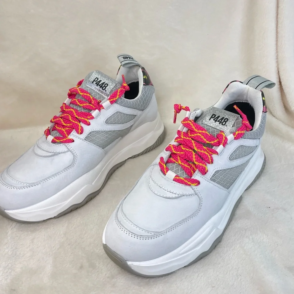 P448 Luke White and Pink Leopard Chunky Trainer Sneakers 39 EU, ( E 538)‎